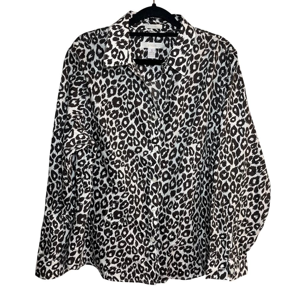 Chicos No Iron Cheetah Button Up Blouse Brown White Size‎ 3 / XL Leopard Office